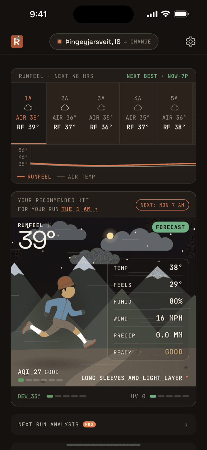 RunnersKit running recommendation in dark mode with the mountains backdrop