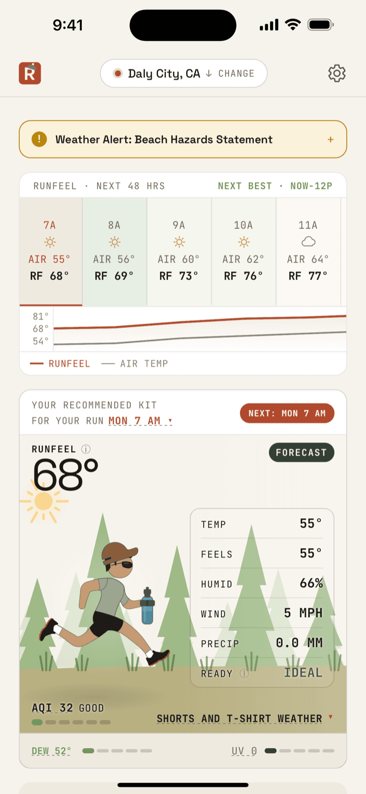 RunnersKit running recommendation in light mode with the forest backdrop